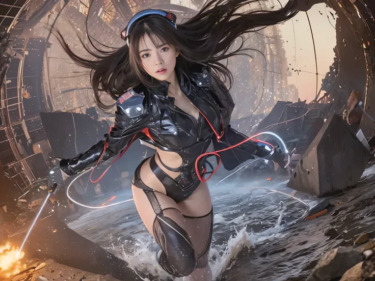  best image quality,  movie lighting,  octane rendering,  Ultra Sharp ,  1 girl, Baby-faced Japanese student ,  embarrassed  ,  pubic skin, ( shortcuts),  headset on-head、 headset on head , Exposed abdomen,  intricate details , run away, ( running at full ...