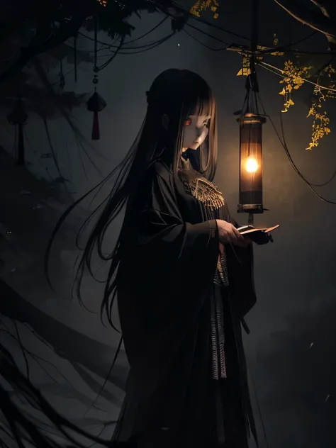 1 girl , demon face, scary costume , Chinese Ghost Festival，nakahara universe，Ghostly Breath，Chiaroscuro in the city at night，Detailed texture of spooky tree branches，A transparent ghost floats in the smoke，Lanterns hanging from a tree，There are flowers bl...