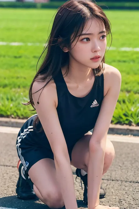 A young woman kneeling on the ground, appearing exhausted and frustrated after intense physical exercise. She is wearing athletic wear, such as a tank top and shorts, with visible sweat on her forehead and arms. Her breathing is heavy, and her face shows a...