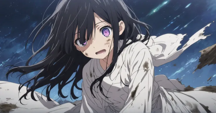 Night Sky　Girl with long black hair　 one eye is hidden　 skirt with open pupils 　Tattered and dirty clothes　anime