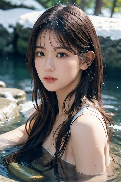 A serene scene of a young woman relaxing in a hot spring, with snow gently falling around her. She is submerged up to her shoulders in the steaming water, which reflects the soft glow of nearby lanterns. The surrounding landscape features snow-covered rock...