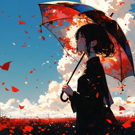 1girl(holding umbrella(transparent,mass amount of petals decorate umbrella)), mass amount of petals filling in the air. petals cover ground. minimalism, simplism