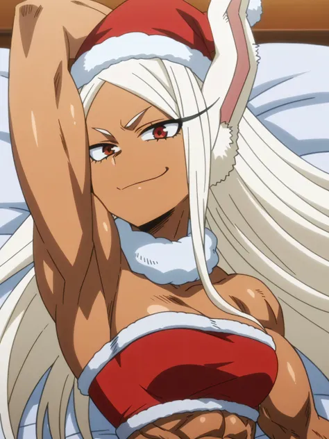 score_9, score_8_up, score_7_up, source_anime, anime screencap, 1girl, solo, rumi usagiyama, long hair, animal ears, white hair, dark skin, rabbit ears, dark-skinned female, muscular, rabbit girl, muscular female, red eyes, parted bangs, Santa costume, red...