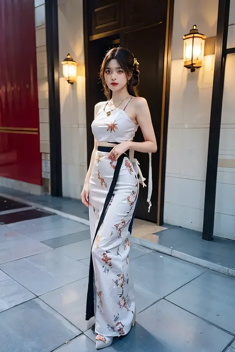 MMTD Burmese patterned traditional dress lady full body
details, nice fac
e, fair skin, traditional royal floral white dress, wearing Parel
necklaces, traditio
nal hair style, long scarf on shoulder, standing on
Model style, beautiful and
attractive style,...