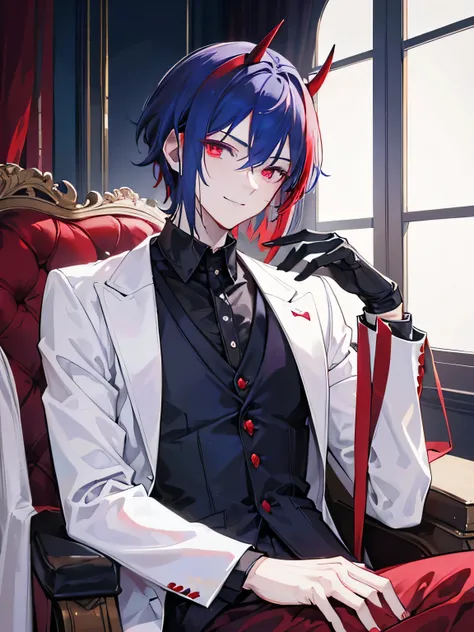 A handsome man, demon, soft playful smiling, red crimson eyes color, dark blue hair color, demon horns, demon tails, twenty-seven-years-old, laughing, wearing black gloves, happy, white groom clothes, short hair, solo, white suit, a man, a groom