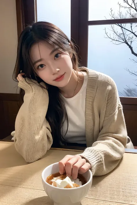 A cozy scene of a young woman sitting at a kotatsu, enjoying a bowl of ice cream. She is wearing a casual sweater and has a relaxed, happy expression on her face. The kotatsu is covered with a patterned blanket, and there are other items like a teacup and ...