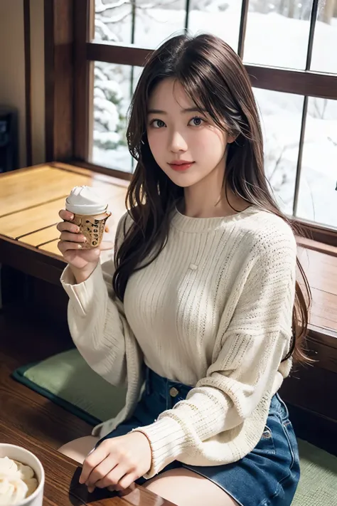 A cozy scene of a young woman sitting at a kotatsu, enjoying a bowl of ice cream. She is wearing a casual sweater and has a relaxed, happy expression on her face. The kotatsu is covered with a patterned blanket, and there are other items like a teacup and ...