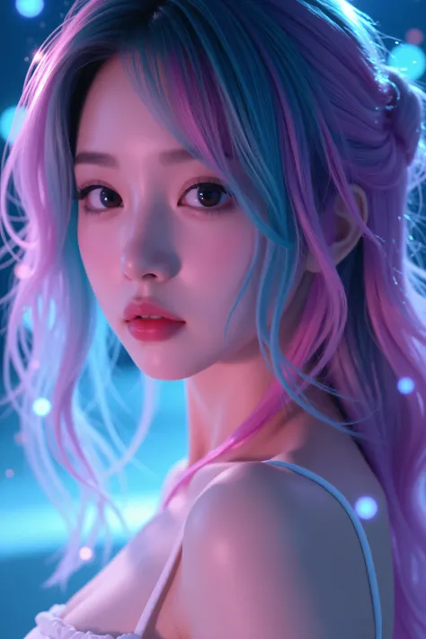 (Asian girl:1.3), beautiful detailed eyes, beautiful detailed lips, extremely detailed eyes and face, long eyelashes, upper body, from side, looking at viewer, (fractal art:1.3), (rainbow color hair, colorful hair, half blue and half pink hair:1.2), water,...