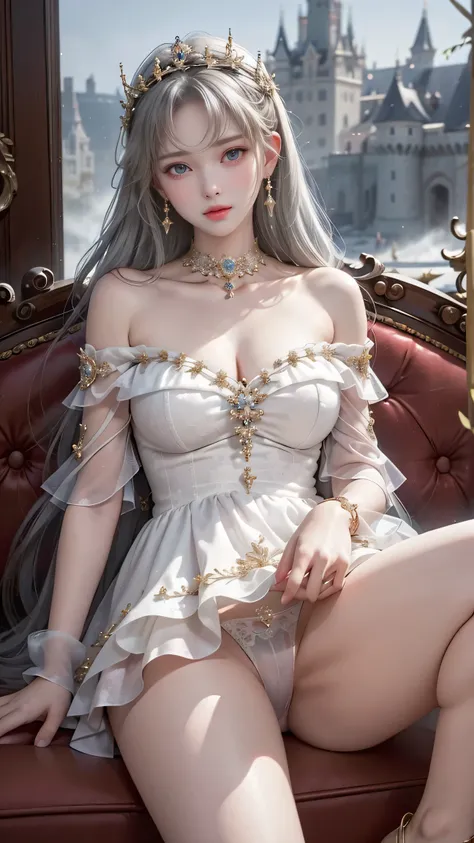 （ girl sitting on the sofa in the castles large hall）、Beauty、One personの女の子、One person、 long hair、Viewer、smile、 blue eyes、 hair ornament、、gem、Gray Hair、 closes her mouth、 dull bangs、Manicure、 bracelet 、lips、 gray eyes、 portrait、Red nails、close、赤いlips、 hold...