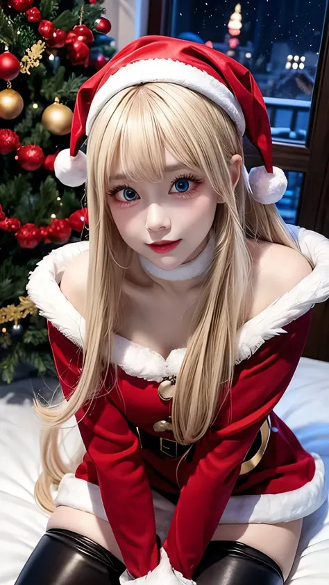 1 girl, blonde long thick eyelashes, captivating big eyes, blonde hair,  wearing Santa Claus Costume, red thigh-high boots, Christmas decorations, illuminations, snowy scenery, ultra detailed, absolutely resolution, masterpiece