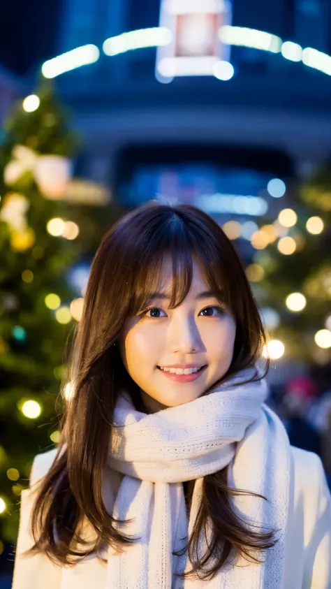 （top-quality、8k、32K、​masterpiece,) beautiful woman、Night City、  big christmas tree、 Looking up at the sky、winter outerwear 、 white wool scarf 、Delicat eyes、 blurry background,Smile solo , 