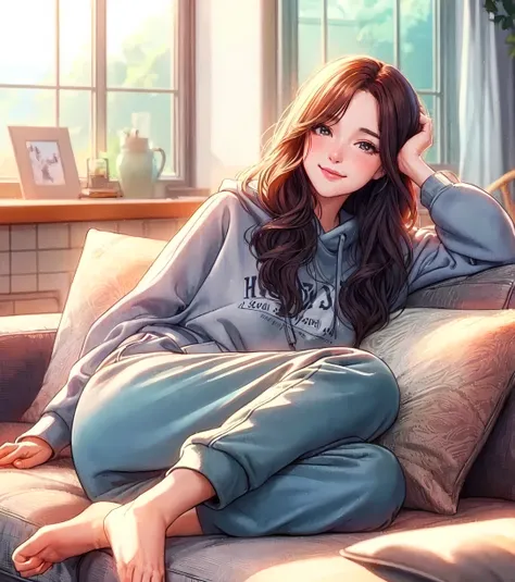 1lady solo, (relaxing on sofa), casual outfit (loungewear) (sweatshirt and sweatpants), (mature female:0.7), /(reddish-brown hair/) bangs, kind smile, (masterpiece best quality:1.2) delicate illustration ultra-detailed, large breasts BREAK (modern living r...