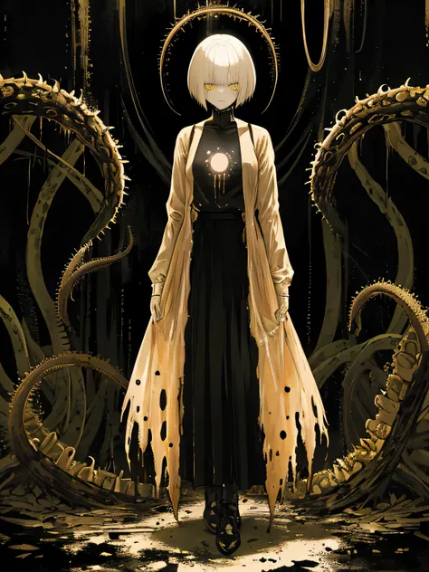 (horror art), dark biopunk art, (tentacle biopunk), full body portrait, biopunk girl, short hair, long skirt, long beige biopunk shirt, black liquids, highly detailed art, highly detailed biopunk background