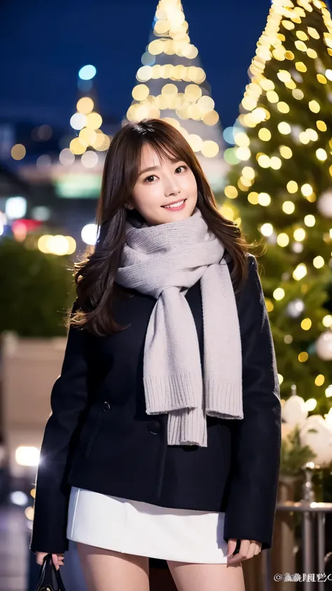 （top-quality、8k、32K、​masterpiece,) beautiful woman、Night City、  big christmas tree、 Looking up at the sky、winter outerwear 、 white wool scarf 、 miniskirt、 boots、Delicat eyes、 blurry background,Smile solo , 