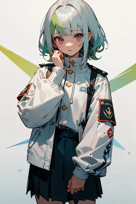 (  Masterpiece  , best quaRty:1.2), Illustration, 8k,  high definition , Alone,  1 girl , bangs,   look with hair inside ,  Silver Hair,  green streaked hair , uniform, プRーツスカート,  cowboy shot, Pink Eye, Nicky Domi,  sweater ,  white jacket, short,   very y...