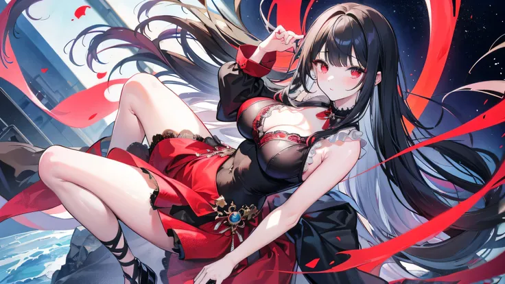  Delicate Eyes），（Clear and beautiful eyes：1.61），masterpiece， 1 young girl ，（Black clothes and some red gems）， long black hair，（ She has a huge red jewel on her chest），Good Hand，（（Starcraft Cataclysm ））， full-body photo ， fighting posture ，（Red Eyes：1.466），...