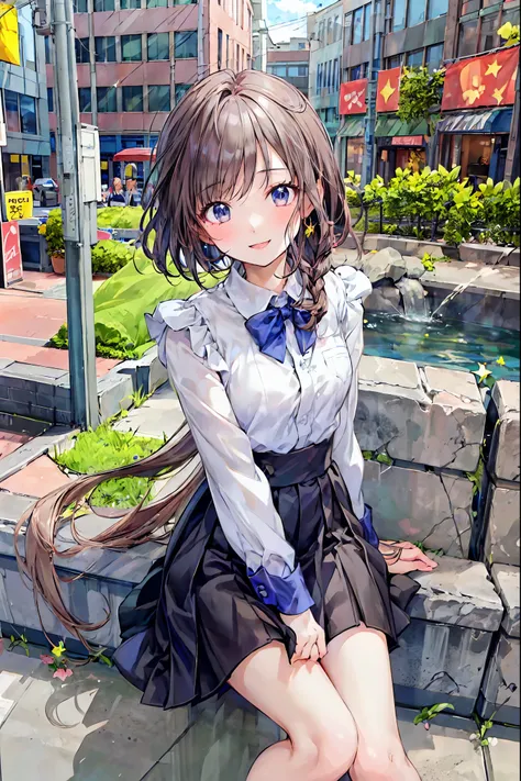  1 girl、uniform、 white shirt、 Pink Ribbon 、 dark blue check skirt 、frills、 beautiful legs、 black hair 、 short bob 、 bob cut 、 see-through、 punch、smile、Big Breasts、 small eyes 、barefoot、barefoot、piece、baby face、masterpiece、 Max Image、8k,Brown Hair， shortcut...