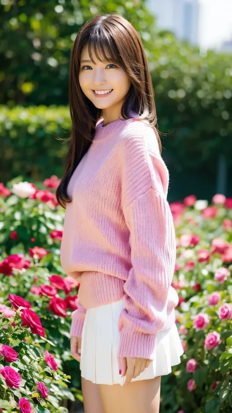 （top-quality、8k、32K、​masterpiece,) beautiful woman、 、 pink sweater、 miniskirt、、,Smile solo , rose garden background 、