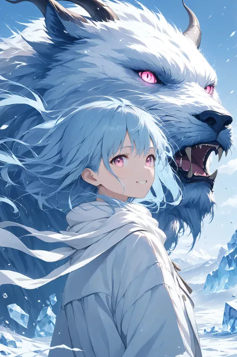 Masterpiece, high quality, high resolution, 16K, illustration by Makoto Shinkai, background detail, digital painting, hyperrealistic, transparent, petite girl smiling, long eyelashes, fair skin, long light blue hair, pure white coat and white scarf, pale p...