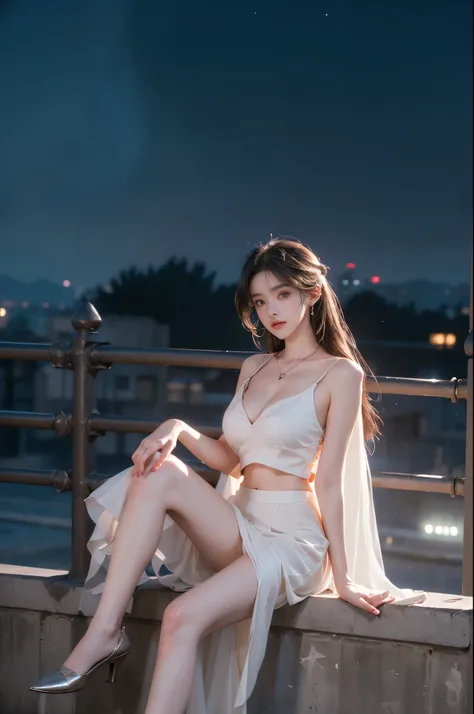 crop top overhang ((full body:1.4)), ((a beautiful fashion model)), (up in the tower, leaning against a fence, night scene under the moonlight and starry sky), ((leaning forward with one hand resting on her knee)), (elegant pose, full breasts with visible ...