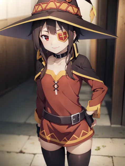 < Laura:Megumin 1Ve :0.8, 1 girl ,red eyes, shorthair, brown hair, choker,clavicle, eye patch, shorthair with long locks,sidelocks,Good move, small breasts,smile,Conceit,
 witch hat ,  blackケープ , black　 thigh high socks ,Bansouko, Red Dress , Black Gloves ...