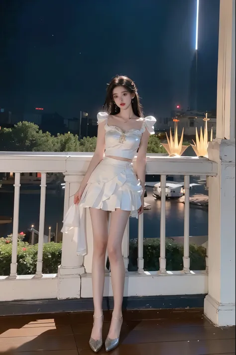 1girl，short skirt，Two piece fashionable outfit, ((full body:1.4)), ((a beautiful fashion model)), (In the quaint pavilion, leaning against a fence, night scene under the moonlight and starry sky), ((leaning forward with one hand resting on her knee)), (ele...