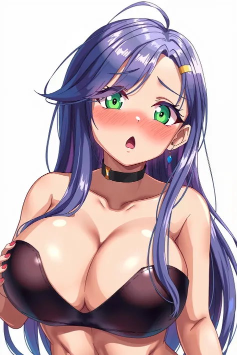 (masterpiece, highres, high resolution:1.2), anime 20 yo girl, portrait, shoulders up, illustration. drawn, violet hair woman, green eyes, blushing, solo, surprised, freckles, big lips, huge breasts, perfect body, wearing a tube top, no hands.