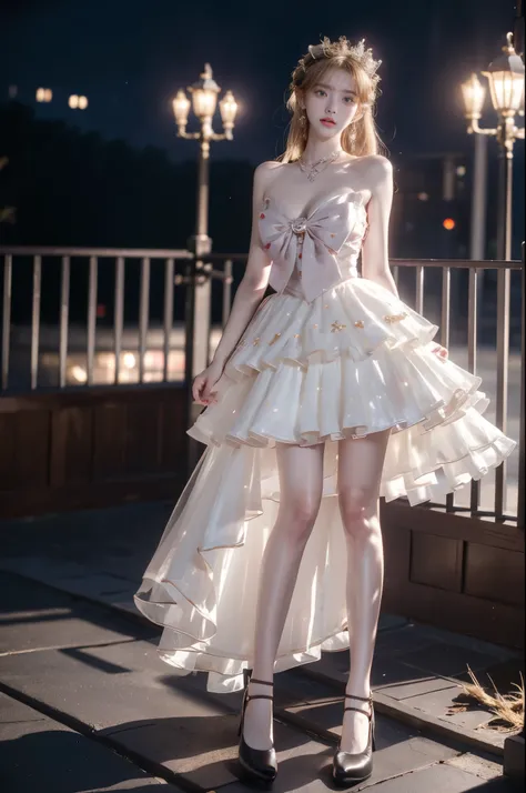 MIS,bow,crinoline, ((full body:1.4)), ((a beautiful fashion model)), (In the quaint pavilion, leaning against a fence, night scene under the moonlight and starry sky), ((leaning forward with one hand resting on her knee)), (elegant pose, full breasts with ...