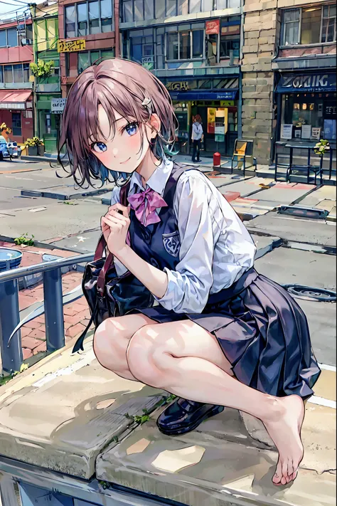  1 girl、uniform、 white shirt、 Pink Ribbon 、 dark blue check skirt 、frills、 beautiful legs、 black hair 、 short bob 、 bob cut 、 see-through、 punch、smile、Big Breasts、 small eyes 、barefoot、barefoot、piece、baby face、masterpiece、 Max Image、8k,Brown Hair， shortcut...