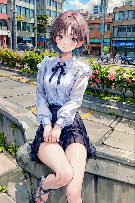  1 girl、uniform、 white shirt、 Pink Ribbon 、 dark blue check skirt 、frills、 beautiful legs、 black hair 、 short bob 、 bob cut 、 see-through、 punch、smile、Big Breasts、 small eyes 、barefoot、barefoot、piece、baby face、masterpiece、 Max Image、8k,Brown Hair， shortcut...