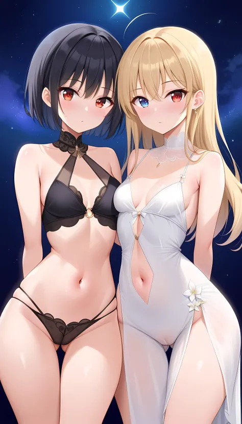 score_9, score_8_up, score_7_up, BREAK, source_anime, 2women_A_and_B, (Awoman have blonde long_hair and blue eyes, UHD pupils, small breasts, arms_behind_return, arms and hands hidden behind the back, slim_waist, midriff, navel, wide hips, big thighs, curv...