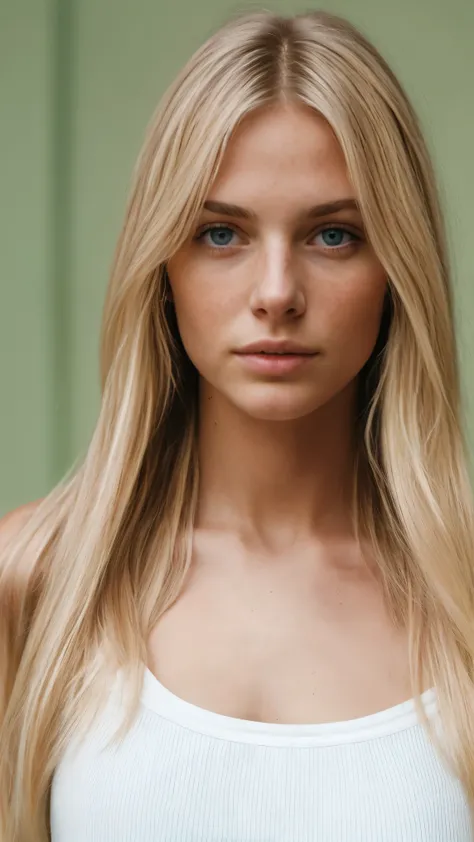 photo of a blonde girl, 20 years, large and pronounced bust, long straight hair, green eyes, with white crop top