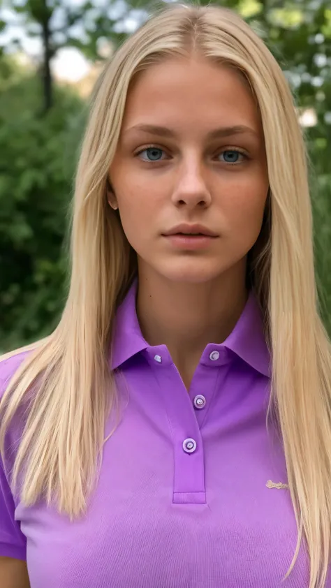 photo of a blonde girl, 20 years, large and pronounced bust, long straight hair, green eyes, with Purple Polo Shirt