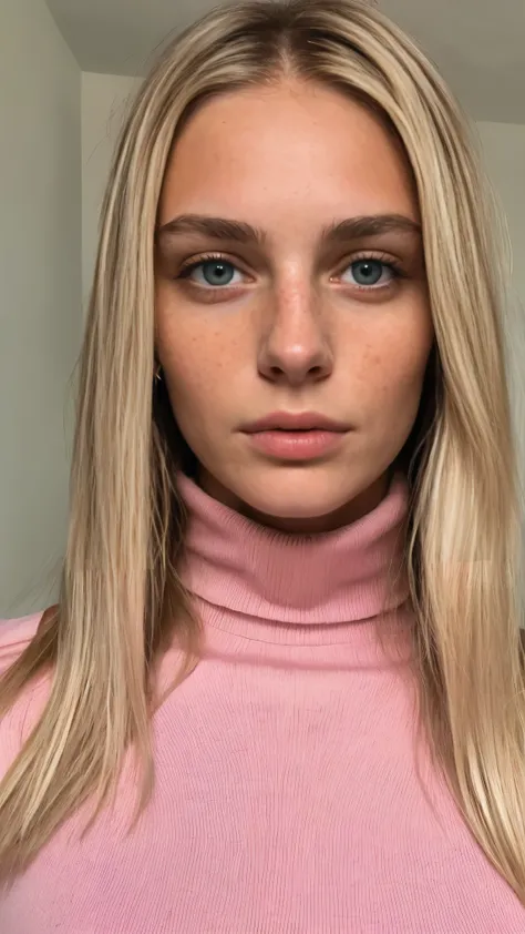 photo of a blonde girl, 20 years, large and pronounced bust, long straight hair, green eyes, with Pink Turtleneck 