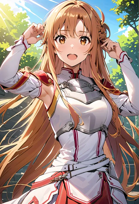 ((  Masterpiece  )),  top quality,  very detailed,( one girl),as Yuuki,  long hair, bangs,  brown hair,  Brown Eyes , very  long hair,  braiding ,
 dress, Shoulder,  Detachable Sleeves , white  dress, armor, Chest, white armor、full body armor、肩armor、tiny h...
