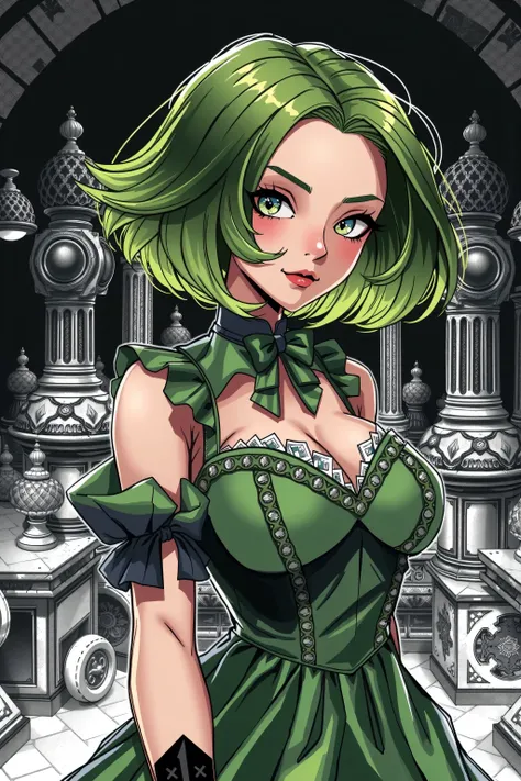 (highest quality, sketch:1.2), High resolution:0.75, Illustrator,anime, 1 girl, detailed lips, green dress,custom, (Dark monochrome background),neon hair,Texture Cropping, masterpiece, style, Retro Classic, Dark Black, Art Station, sketch book, short hair ...