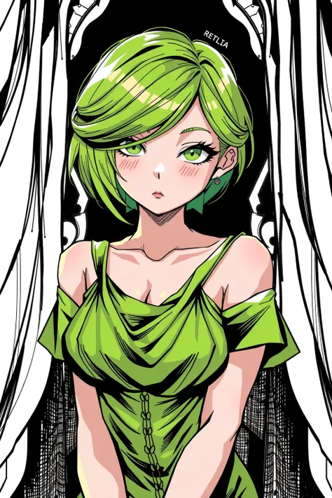 (highest quality, sketch:1.2), High resolution:0.75, Illustrator,anime, 1 girl, detailed lips, green dress,custom, (Dark monochrome background),neon hair,Texture Cropping, masterpiece, style, Retro Classic, Dark Black, Art Station, sketch book, short hair ...
