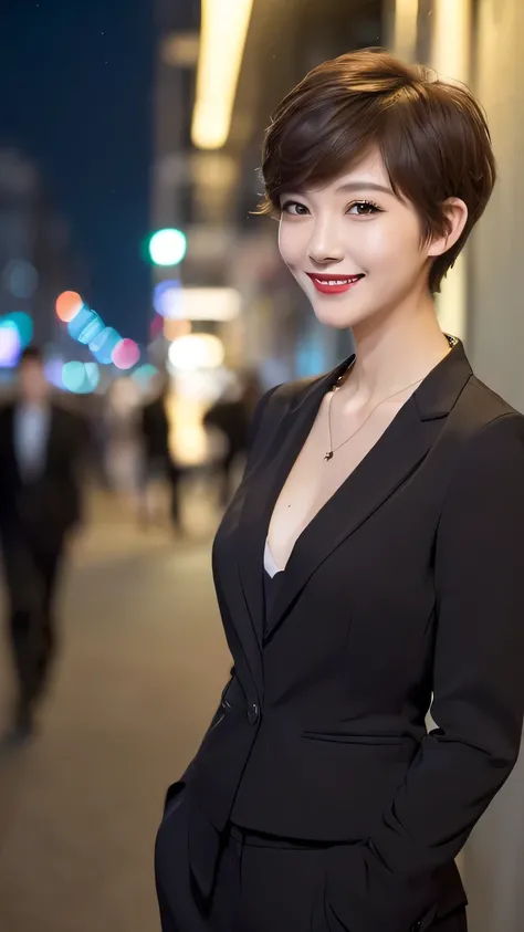 (( top quality, 8k,  Photorealistic Expression:1.4、delicate、  Details:1.4、masterpiece:1.3))、（( Slender Body:1.3)）、(((A woman with a stylish and cute face、Age 30)))、(( beautiful makeup、Red lipstick)),((( cleavage)))、(( light brown hair 、 shorthair、 Pixie Cu...