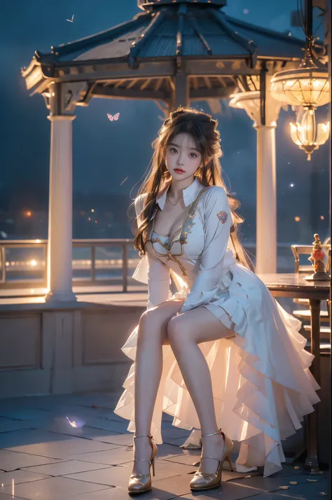 toruzu_bunko_uniform,school uniform,miniskirt,pleated skirt,white skirt, ((full body:1.4)), ((a beautiful fashion model)), ((in the ancient gazebo, antique in color, leaning against the ornate pillars of the gazebo under a starry night sky)), ((warm ambien...