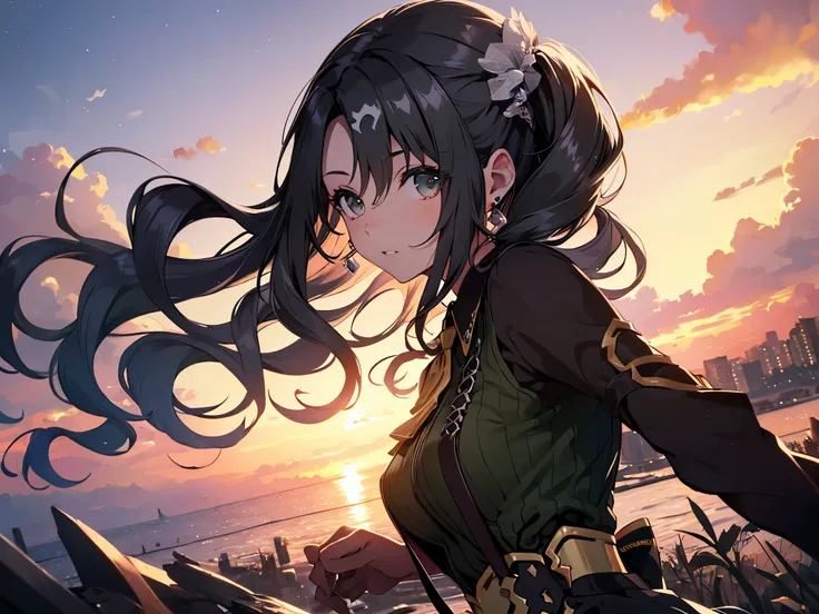 Alone, 1 Female, (Human Ear, Earrings), (black hair, Long Hair Down), (cool posing), (adult expression ), (Hair Accessories), (Suspenders, gorgeous dresses, Micro Mini Skirt, garter belt, Stockings), (Sunset Sky, Sunset, Evening Sky), (Focus on Breasts, ...