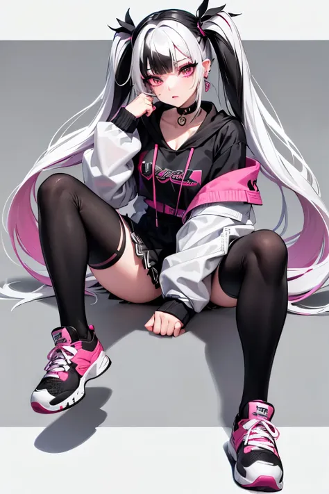  super detailed,  best quality , Mine Style Makeup ,Black Hair,White Hair,Multicolored Hair, long twin tail,Dark circles under eyes,Border knee socks,Windbreaker,Black eyeliner,Multiple Needle Earrings , miniskirt, black leggings ,Red sneakers,pink knick-k...