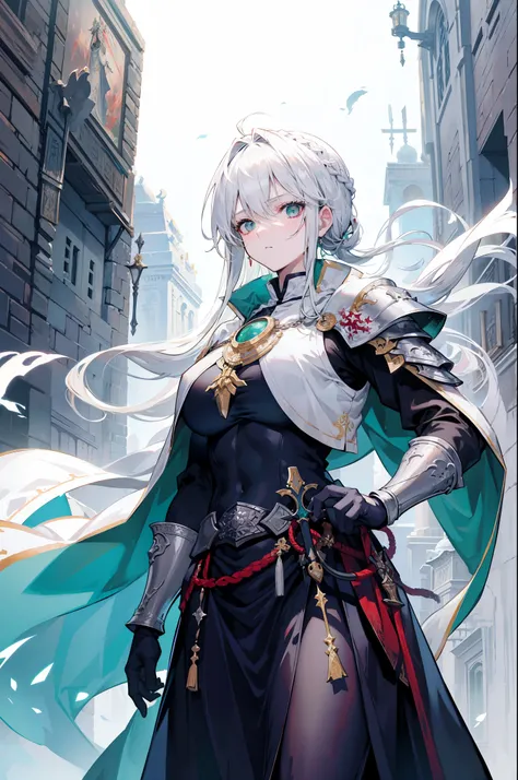 breastplate，article， sacred temple background with shining light ，with shining light，Greatsword，white cloak，Official Art，masterpiece，High quality， emerald eyes, grayish gray hair, Hair tied back, Priests clothes,  holding a sword with both hands with a shi...