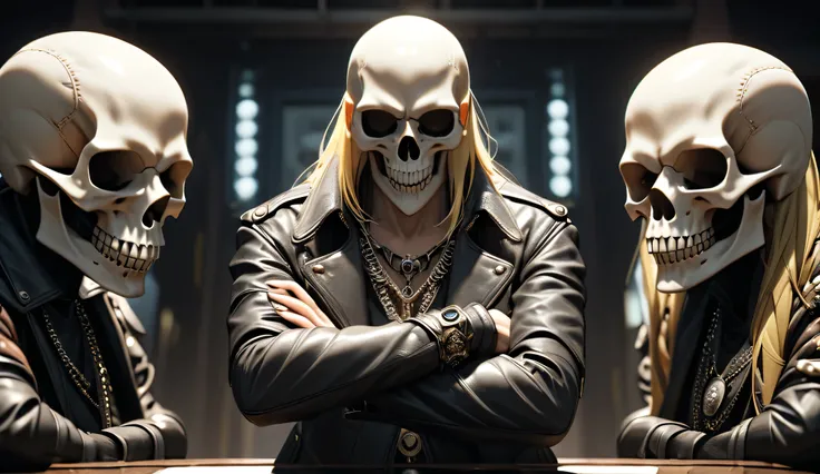 skull head, Skull skull,  with leather vest ,  high level of detail, insane,  arms crossed, long hair,  in front, 8k,  High Definition, Motorcycle club, thin, skinny, short beard, blonde