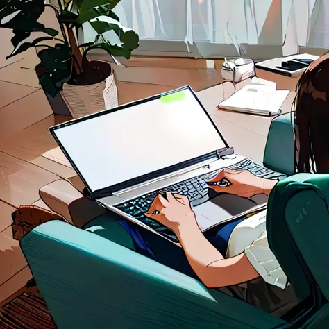 woman sitting on a chair using a laptop computer with a blank screen, sitting in front of computer, typing on laptop, sitting at a computer, working on a laptop at a desk, working on her laptop, with a laptop on his lap, in front of a computer, using a mac...