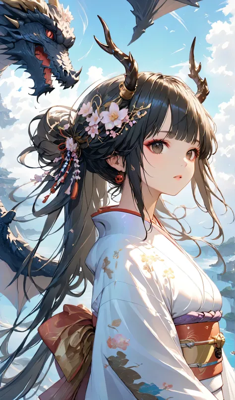 masterpiece, high quality, high resolution, 16K, highly detailed background, digital painting, unreal engine, Makoto Shinkai illustration, hyperrealistic, fantasy, petite girl in kimono, dragon horns, some skin with dragon scales, long eyelashes, beautiful...