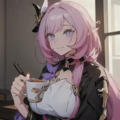 Honkai Impact 3rd,Elysia,hold a cup of coffee,sitting behind the table,watching you,smile