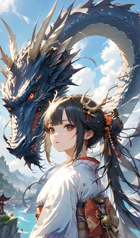 masterpiece, high quality, high resolution, 16K, highly detailed background, digital painting, unreal engine, Makoto Shinkai illustration, hyperrealistic, fantasy, petite girl in kimono, dragon horns, some skin with dragon scales, long eyelashes, beautiful...