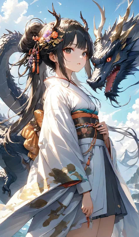 masterpiece, high quality, high resolution, 16K, highly detailed background, digital painting, unreal engine, Makoto Shinkai illustration, hyperrealistic, fantasy, petite girl in kimono, dragon horns, some skin with dragon scales, long eyelashes, beautiful...
