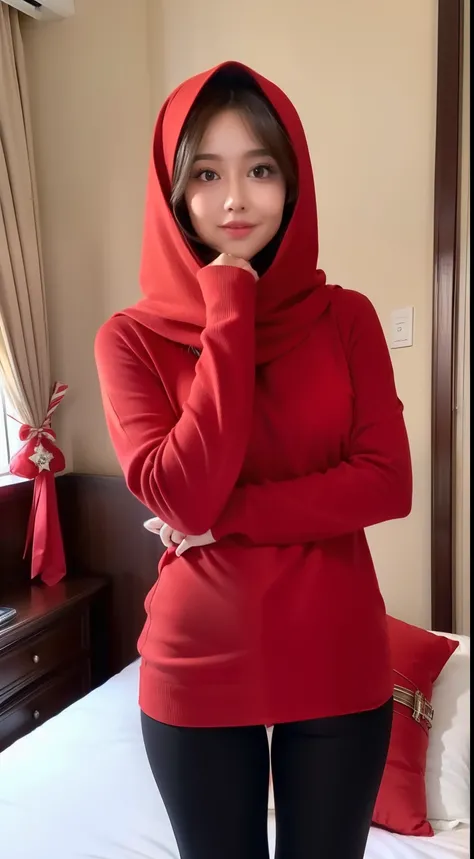 Girl, big ,red hijab, long hair, handsup, Christmas, bow, bonquet, sexy, bed, full body