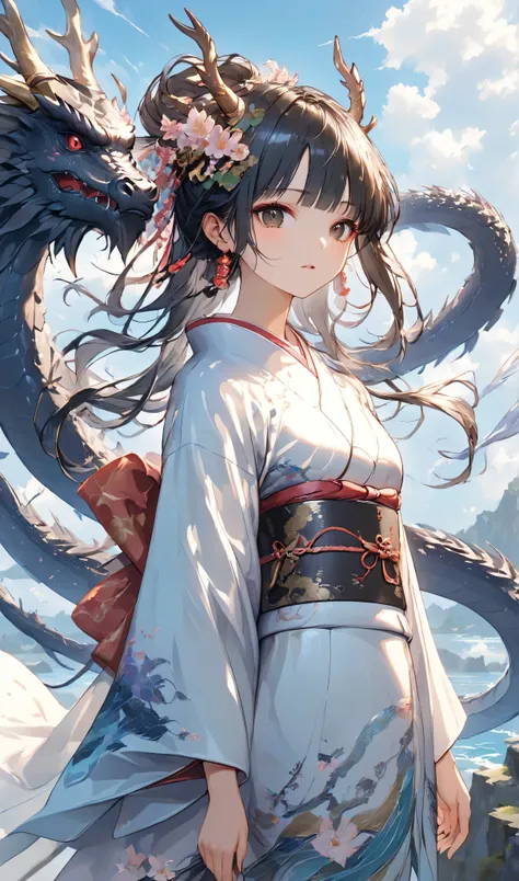 masterpiece, high quality, high resolution, 16K, highly detailed background, digital painting, unreal engine, Makoto Shinkai illustration, hyperrealistic, fantasy, petite girl in kimono, dragon horns, some skin with dragon scales, long eyelashes, beautiful...